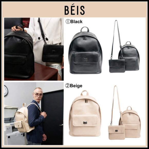 BEIS - The 2-in-1 Faux Leather Backpack In Beige - Picture 5 of 16